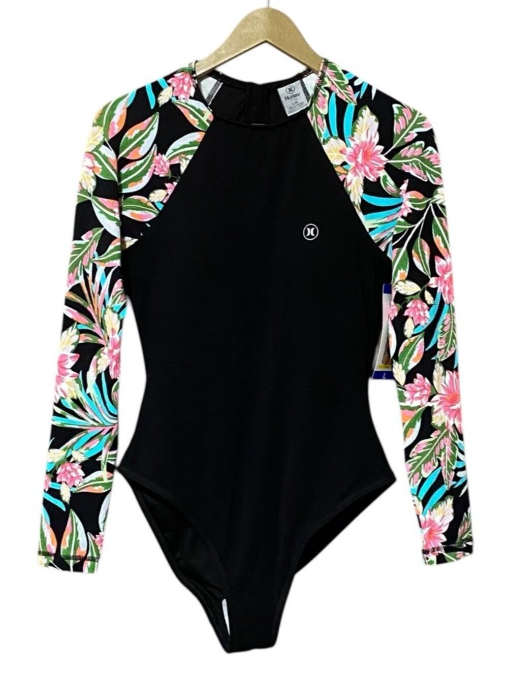 Hurley Black Floral Sleeve One Piece Swimsuit L UPF 50 Back Zip Beach Resort NWT